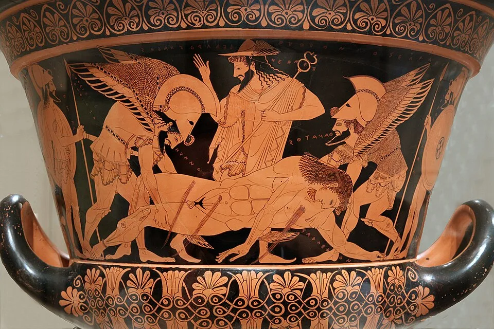 Depiction of Thanatos by Jaime Ardiles-Arce (photographer). Krater by Euphronios (painter) and Euxitheos (potter).