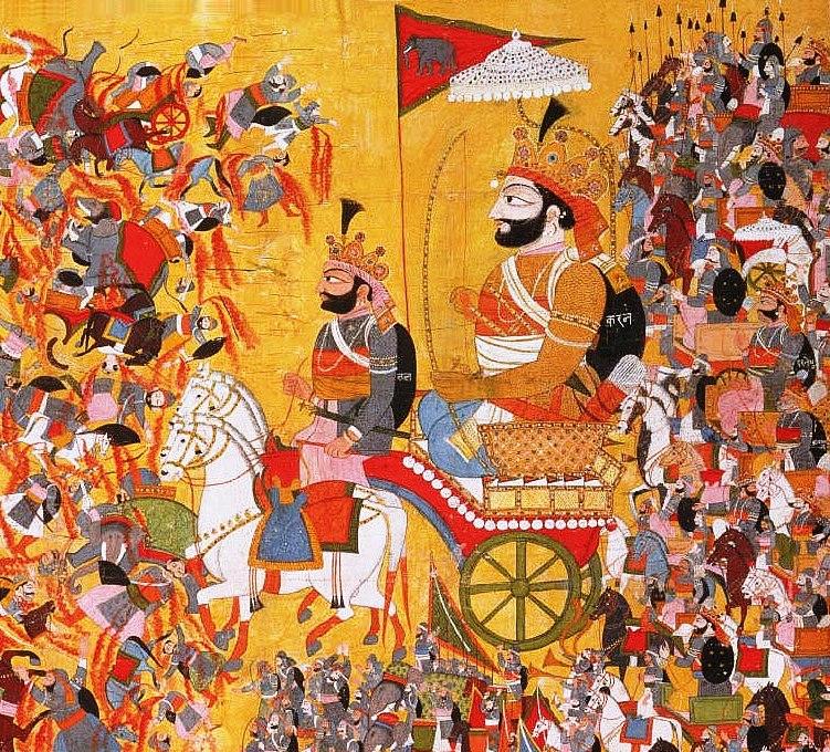 Depiction of Karṇa by Arjuna_and_His_Charioteer_Krishna_Confront_Karna.jpg: Artist/maker unknown, India, Himachal Pradesh or Jammu and Kashmir derivative work: RajeshUnuppally