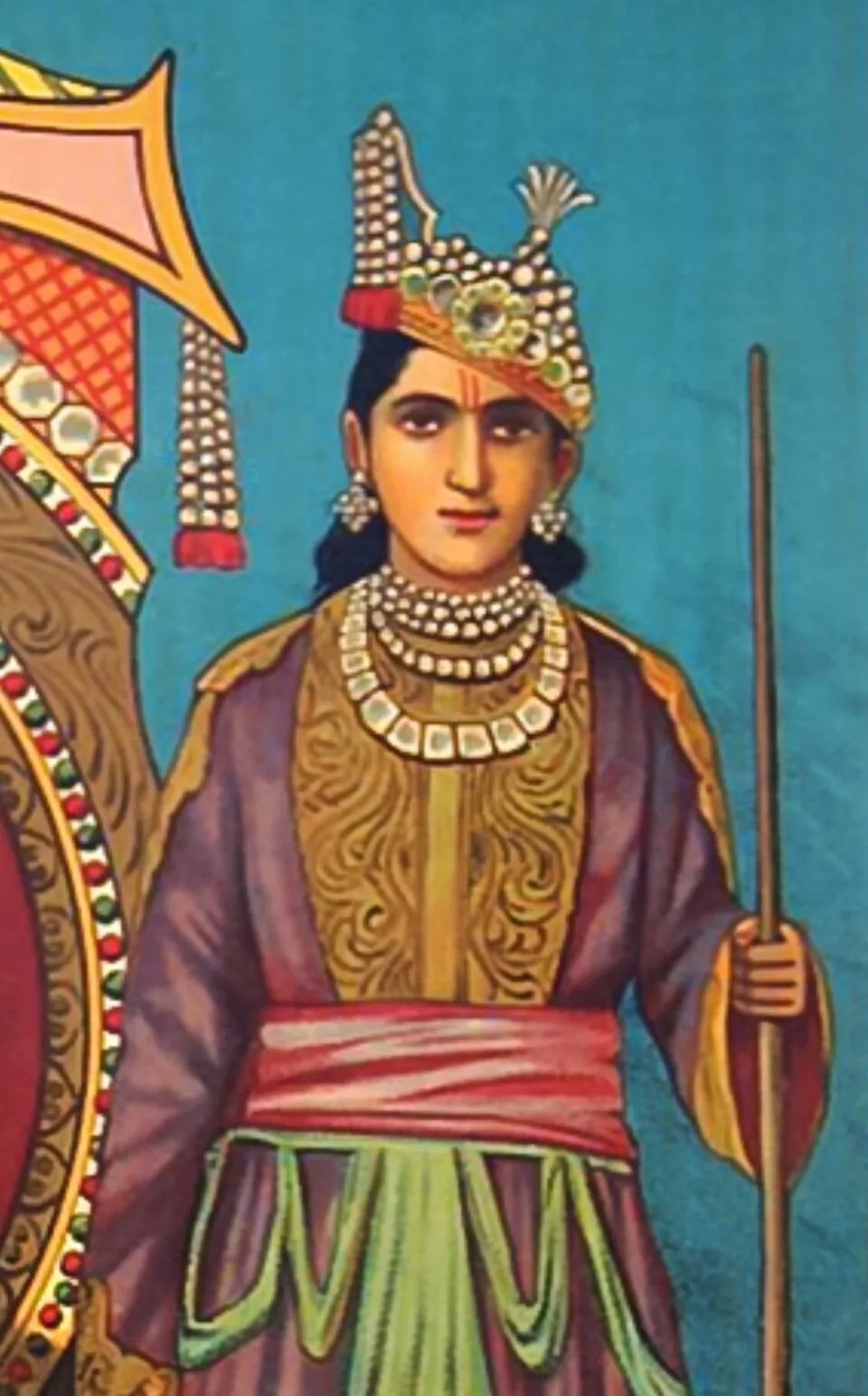 Depiction of Sahadeva by Own work based on: File:Draupadi and Pandavas.jpg, originally published by Ravi Varma Press