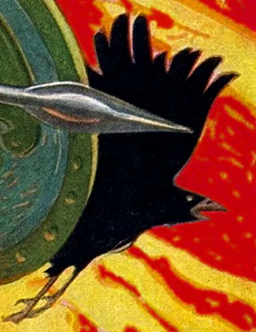 Depiction of The Morrígan by Artist Joseph Christian Leyendecker (1874 - 1951). Cropped and colours adjusted by CorbieVreccan 2 July 2016. Original at https://commons.wikimedia.org/wiki/File:Cuinbattle.jpg Date 1911 Inscriptions Signature bottom left: JCLeyendecker. Source/Photographer 1. T. W. Rolleston, Myths and Legends of the Celtic Race 2. Unknown 3. conceptart.org
