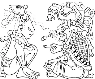 Depiction of Tepeu by Unknown (Dresden Codex), William E. Gates (drawing), FAMSI (digitisation), El Comandante (image editing).