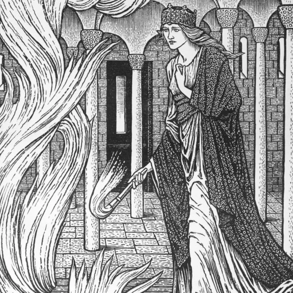 Depiction of Gudrún by Guðrún setting fire to Atli’s hall. Woodcut designed by Edward Burne-Jones for William Morris, Sigurd the Volsung (London: Kelmscott Press, 1898).