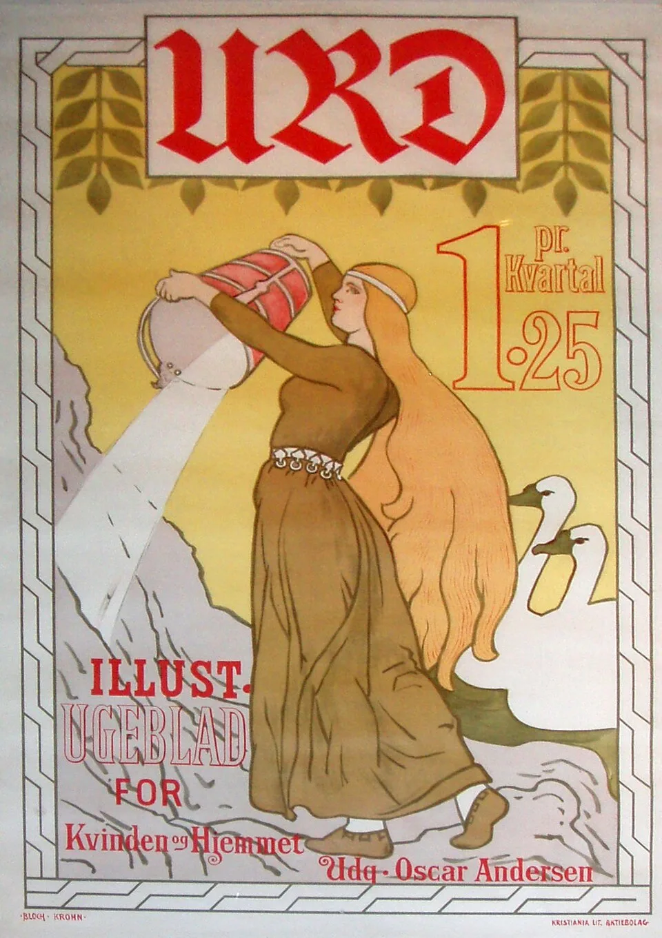 Depiction of Urðr by Andreas Bloch (1860-1917) and Olaf Krohn (1863-1933) (signatures at the bottom left). Photographed and edited (perspective, cropping etc.) by User:Holt.