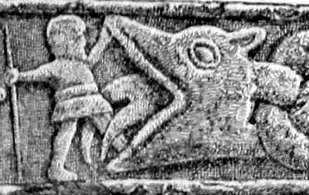 Depiction of Víðarr by The original artist who made the Gosforth Cross is unknown. Reproduction by Julius Magnus Petersen (1827 – 1917).